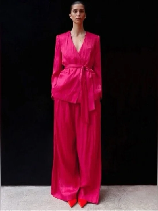Zara NEW Crinkle Satin Blazer and Wide Leg Trousers SET Fuchsia Pink XS Shiny - Picture 1 of 15